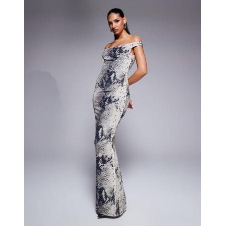 Murci Maxi bodycon jurk met blote schouders in grijze slangenprint-Veelkleurig