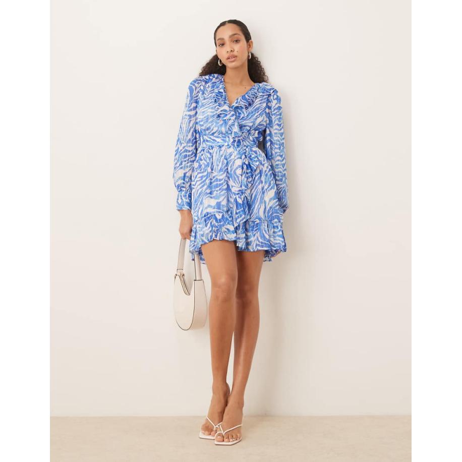 VILA Zwierige mini jurk in blauwe zebraprint Blauw