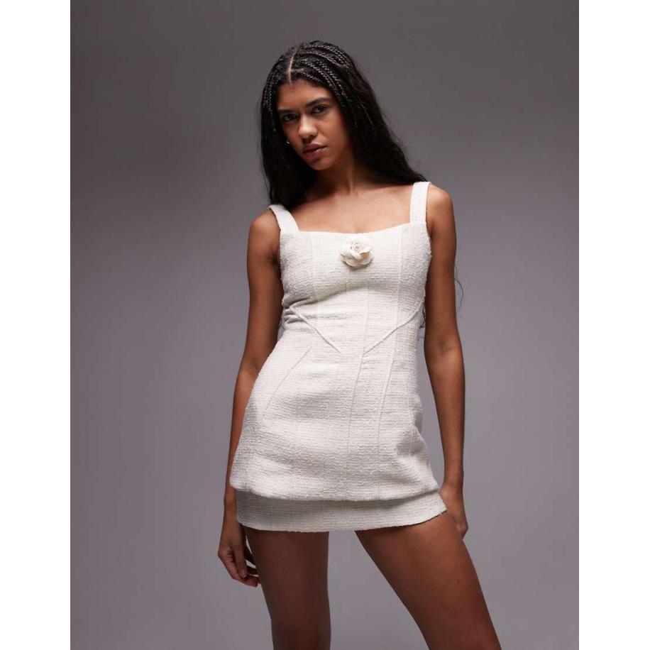 Heiress Beverly Hills Bouclé mini jurk met vierkante hals en korsetdetail in crème-Wit Wit