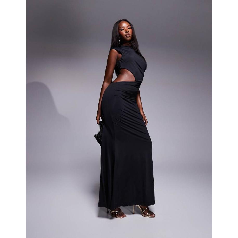 Bardot Maxi jurk met rimpeleffect en uitsnijding in zwart Zwart