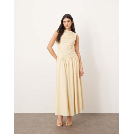 ARRANGE Poplin midi-jurk met verlaagde taille en rimpeleffect in lichtgeel