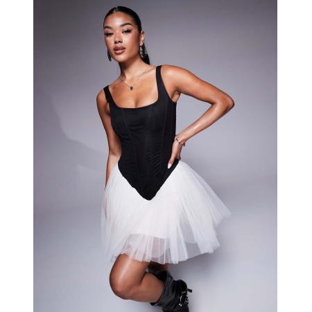 Lace & Beads Mini-jurk met verlaagde taille en korsetdetail in zwart en wit