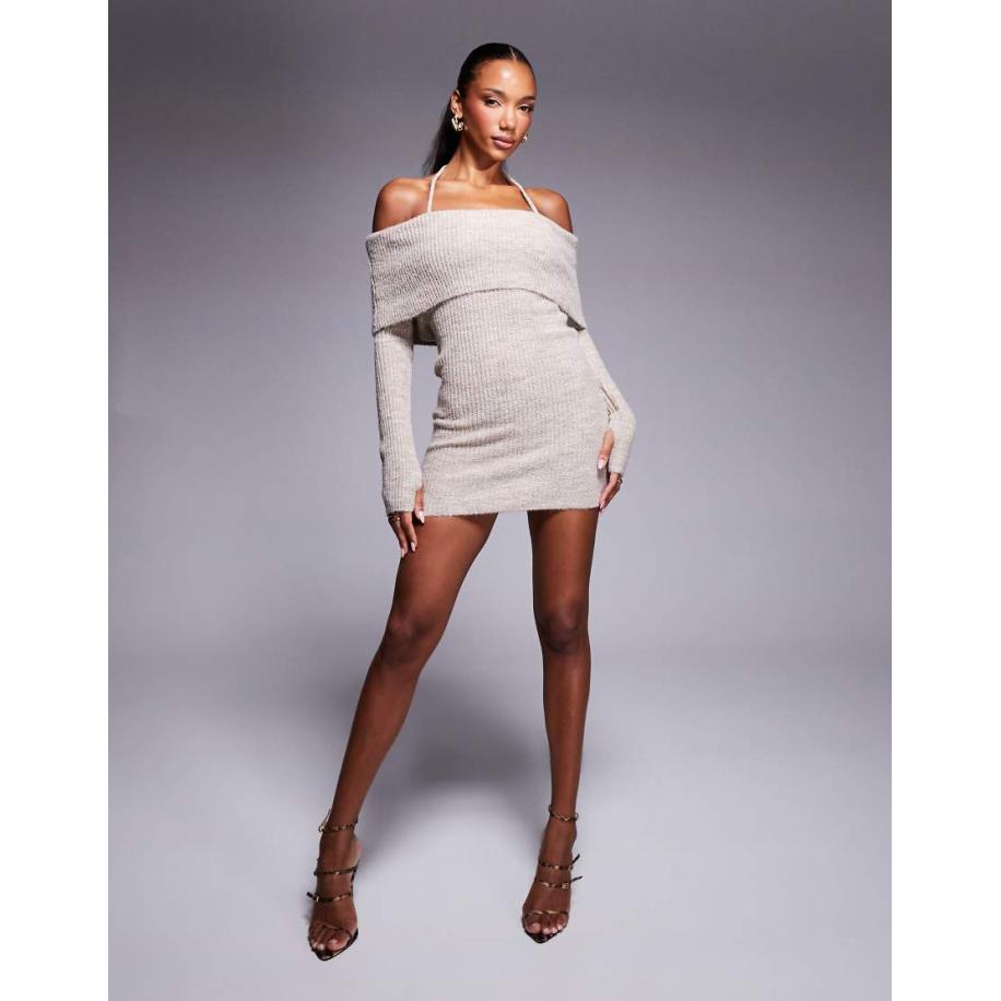 Wander Doll Carrie Gebreide bodycon mini-jurk met halternek in beige-Neutraal Multicolor