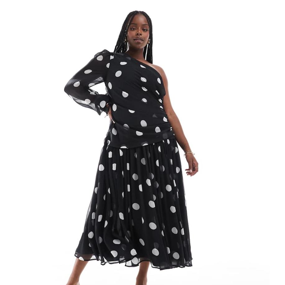 ASOS DESIGN Curve Maxi jurk met blote schouder, lange ballonmouwen en zwart-witte stippenprint-Veelkleurig Multicolor