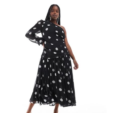 ASOS DESIGN Curve Maxi jurk met blote schouder, lange ballonmouwen en zwart-witte stippenprint-Veelkleurig