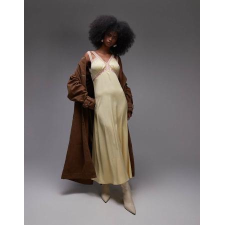 Topshop Midi jurk met kanten inzetstuk en geplooide buste in citroengeel en perzikkleur