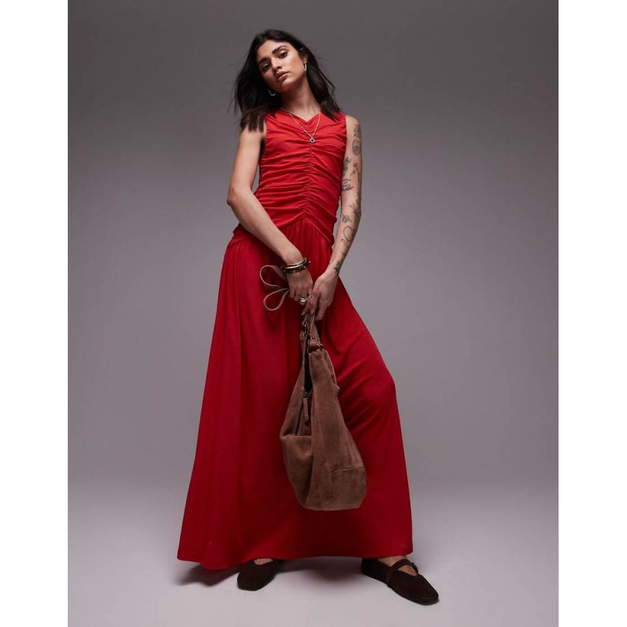 Topshop Maxi jurk met verlaagde taille en rimpeleffect in rood Rood