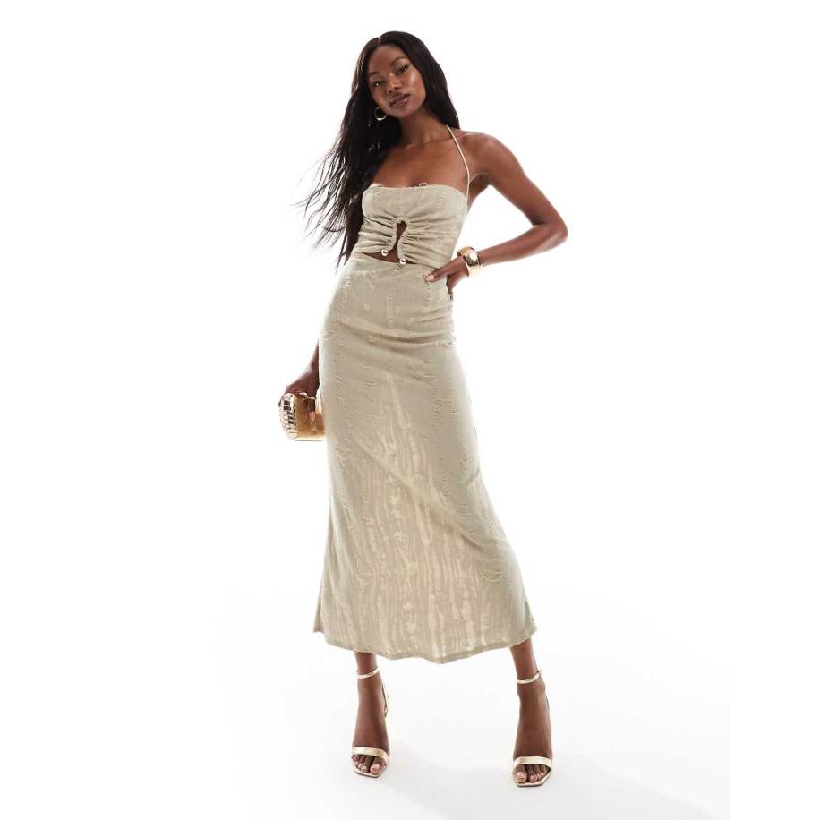 ASOS DESIGN Midi jurk met bandjes en textuur in natuurlijke kleuren-Neutraal Multicolor