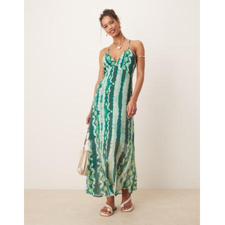 VILA Maxi-jurk met dwarsbanddetail op de rug in groene tie dye-print