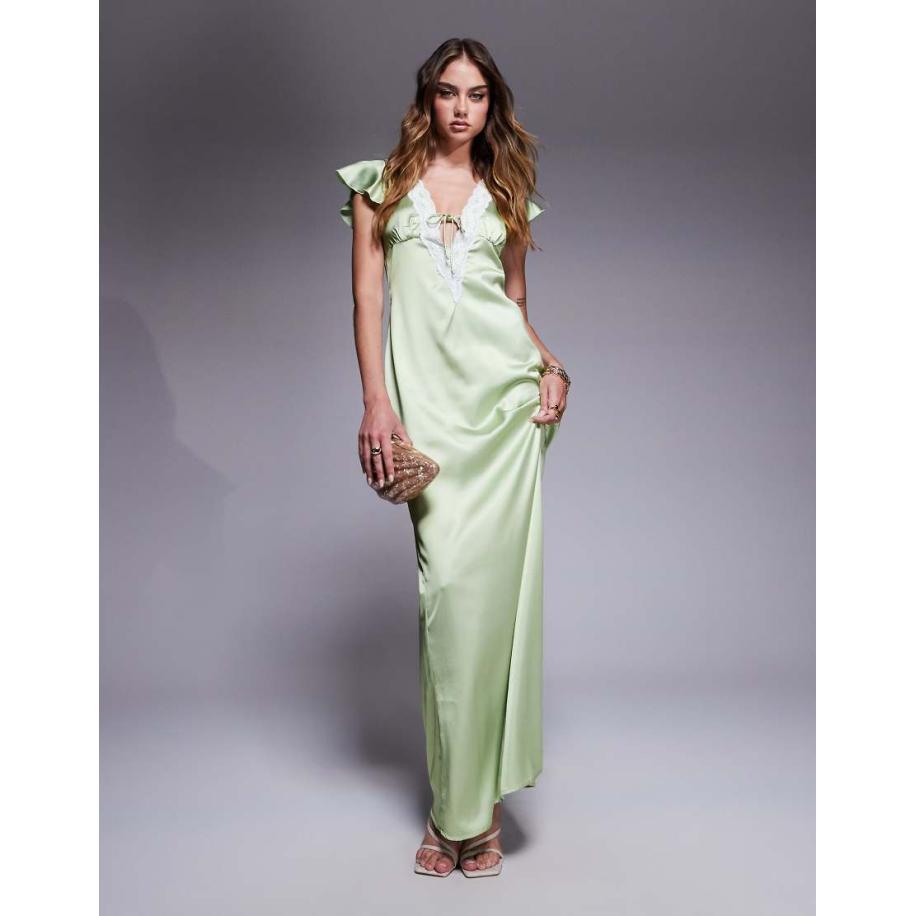 Princess Polly Diepuitgesneden satijnen maxi-jurk met kanten afwerking en fladdermouwen in groen Groen