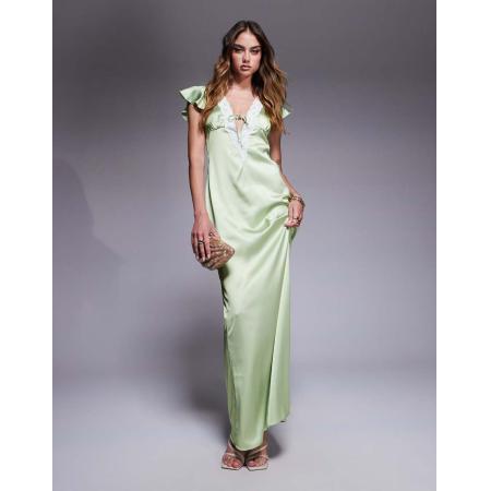 Princess Polly Diepuitgesneden satijnen maxi-jurk met kanten afwerking en fladdermouwen in groen