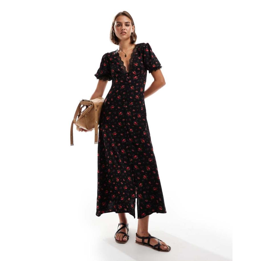 Miss Selfridge Maxi jurk met kanten rand, knoopsluiting en rozenprint-Zwart Zwart