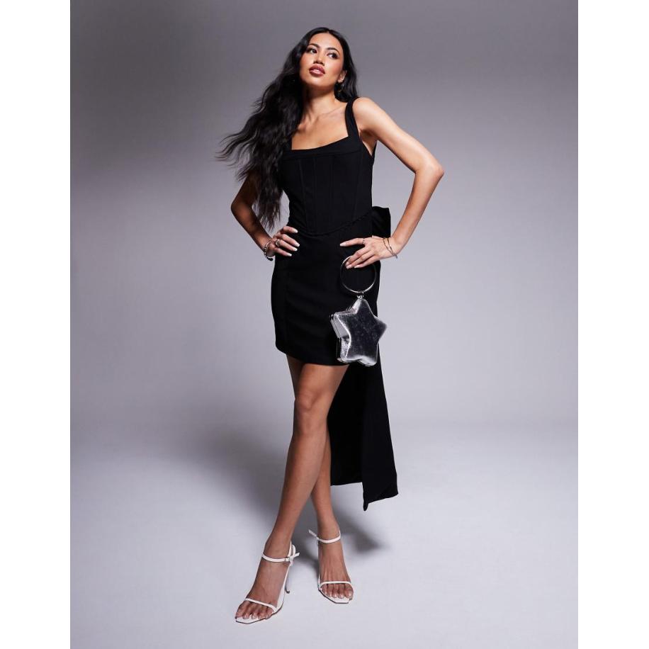 Rare London Oversized mini jurk met vierkante hals en oversized strik aan de achterkant in zwart Zwart