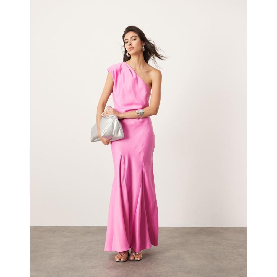 ASOS EDITION Maxi jurk met blote schouder, naaddetail en volle rok in roze-Veelkleurig Multicolor