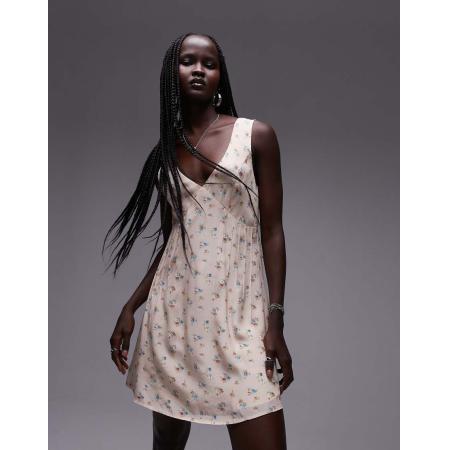 Topshop Nette mini-jurk met V-hals en fijne bloemenprint in roze