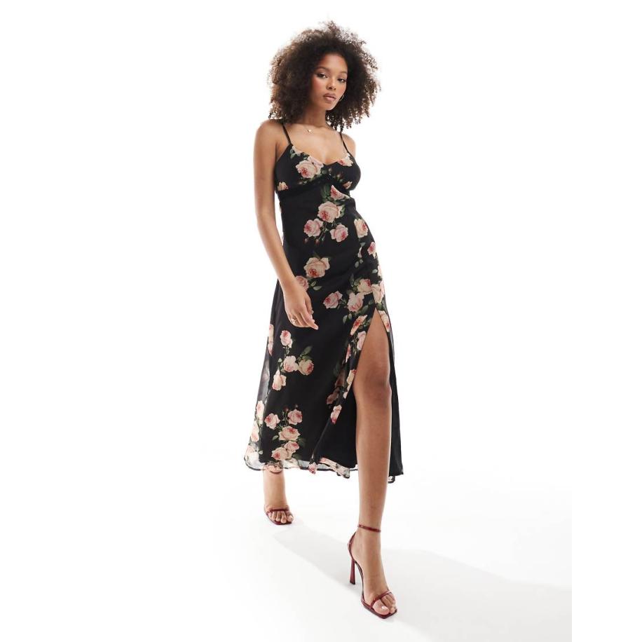 Miss Selfridge Maxi slipdress van chiffon met kanten rand in oversized rozenprint-Veelkleurig Multicolor