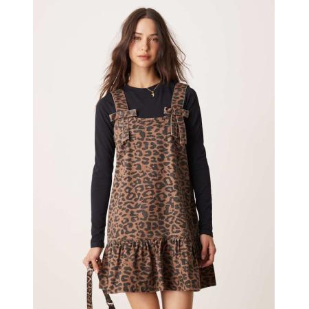 Neon Rose Denim overgooierjurk met luipaardprint in bruin