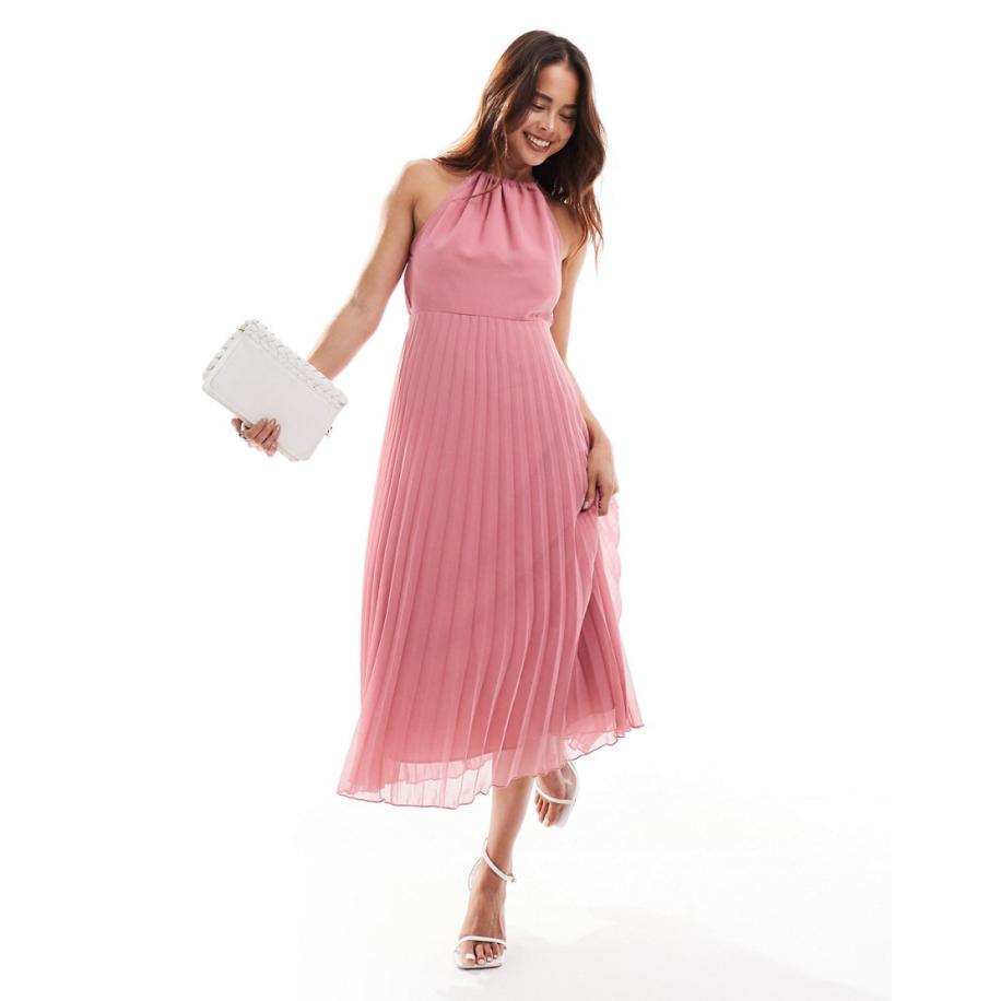 ASOS DESIGN Geplooide chiffon midi-jurk met halternek in roze Roze