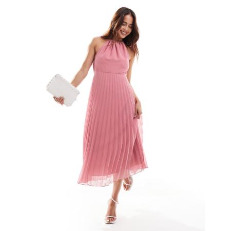 ASOS DESIGN Geplooide chiffon midi-jurk met halternek in roze