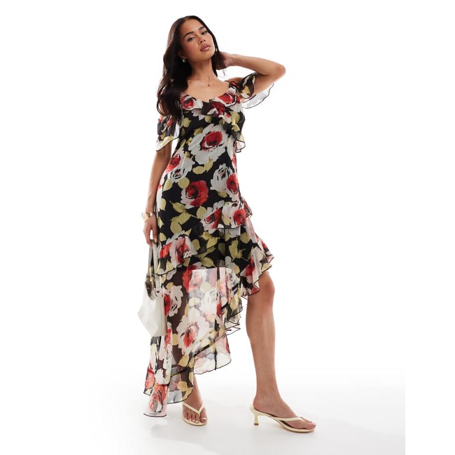Miss Selfridge Maxi-jurk met ruches en bloemenprint-Veelkleurig Multicolor