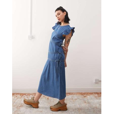 Reclaimed Vintage Denim maxi jurk met asymmetrische ruches-Blauw