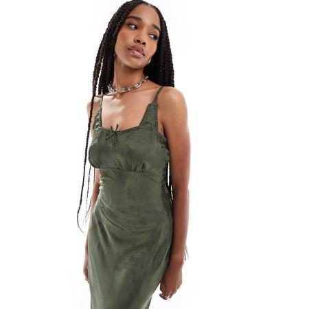 ASOS DESIGN Tall Midi cami-slipdress van jacquard, bh-detail en gerimpelde buste in bosgroen