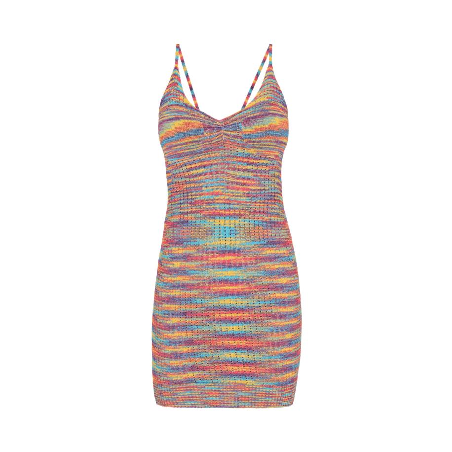 MYMO MYMO Gebreide jurk Spring Summer donkerblauw / geel / jade groen / rood -