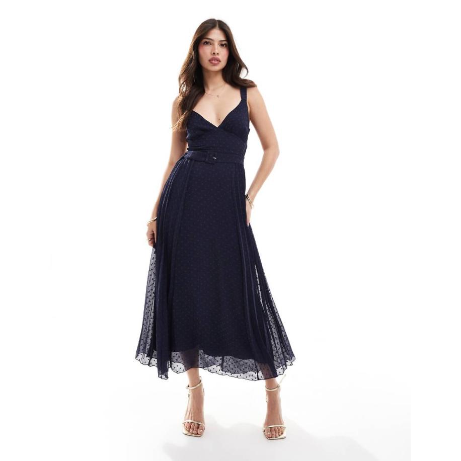ASOS DESIGN Diepuitgesneden geplooide midi jurk met tailleriem in marineblauw-Veelkleurig Multicolor