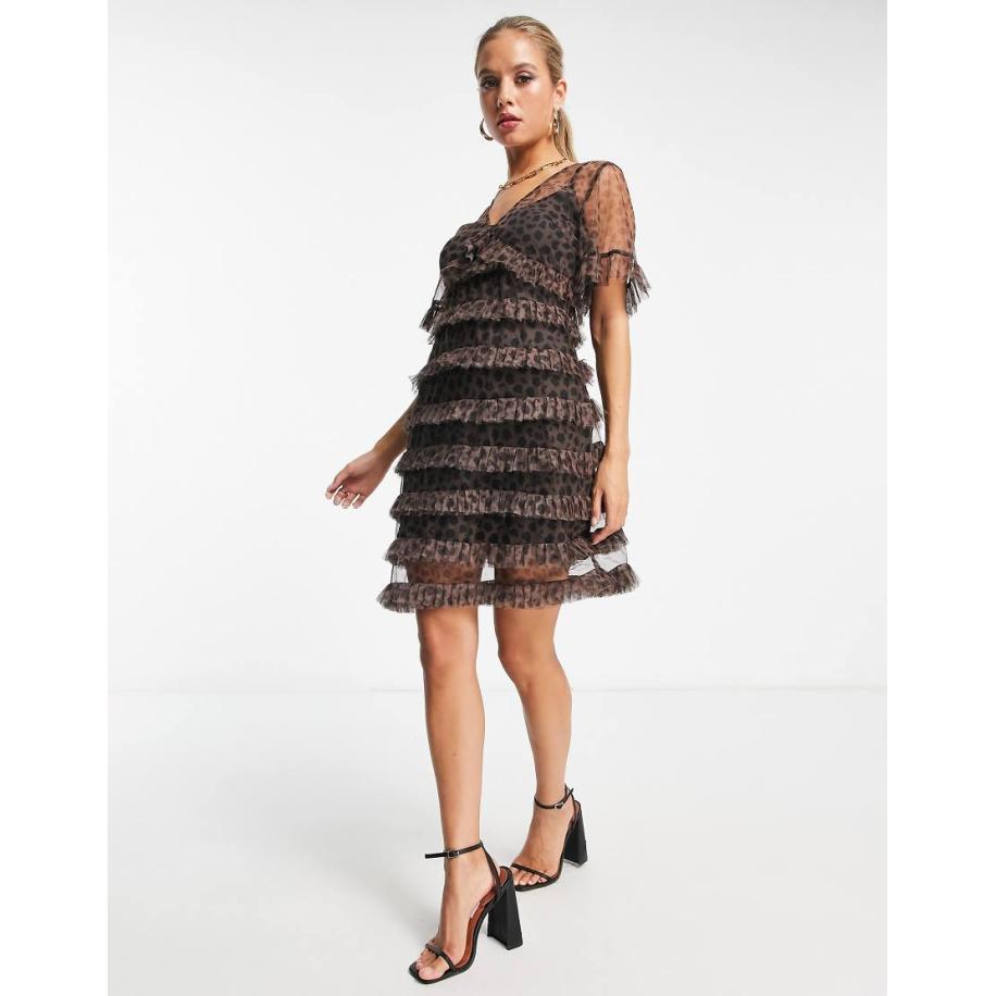 Never Fully Dressed Mini-jurk met korte mouwen en stroken van mesh met luipaardprint-Rood Rood