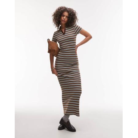 Topshop Gestreepte maxi-polojurk in chocoladebruin