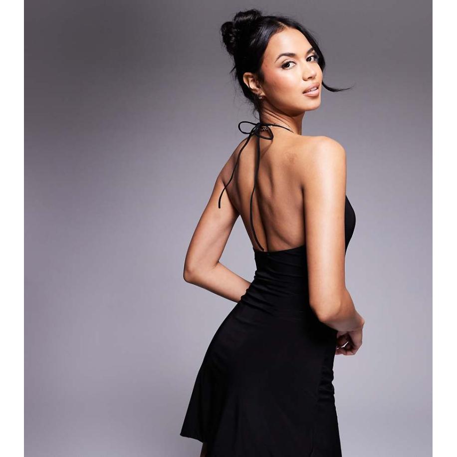 Fashionkilla Exclusives Mini jurk van gladde, vormende stof met halternek, gedrapeerde halslijn en lage rug in zwart Zwart