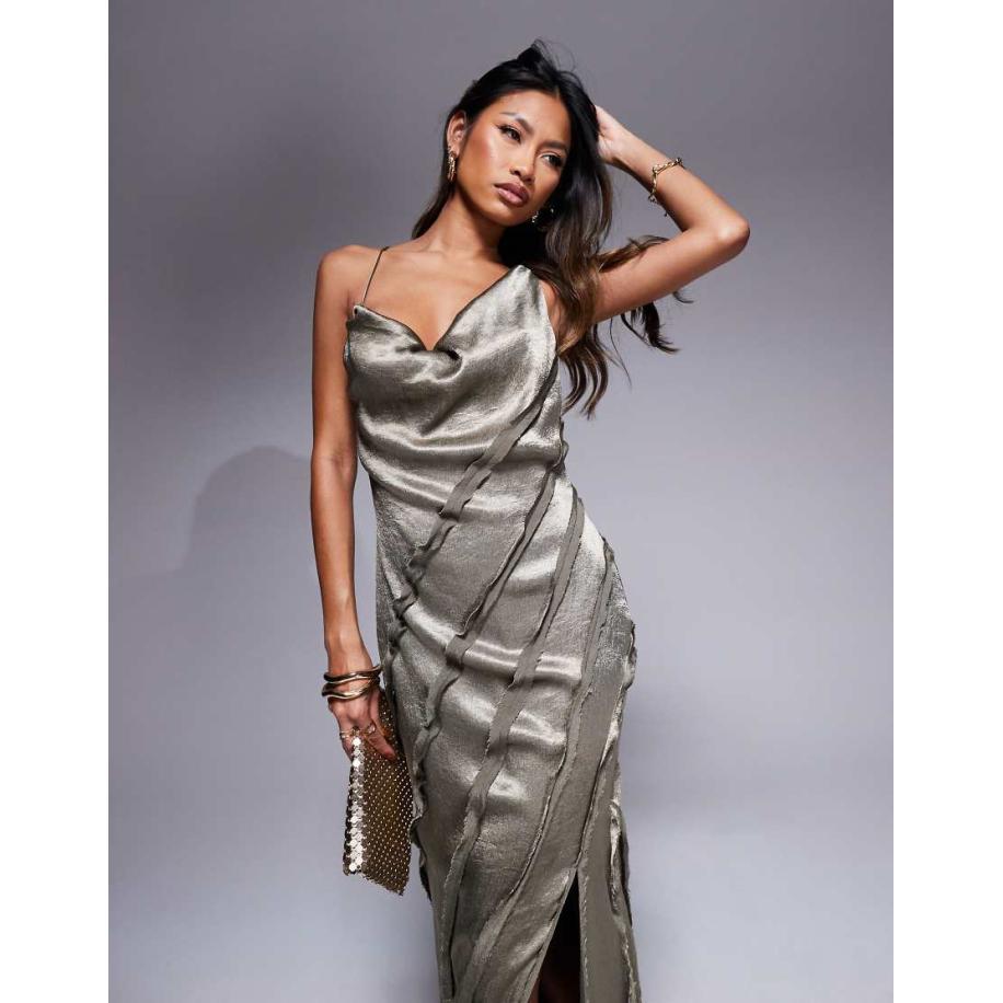 ASOS DESIGN Satijnen maxi jurk met gedrapeerde halslijn en panelen in nertsbruin-Neutraal Multicolor