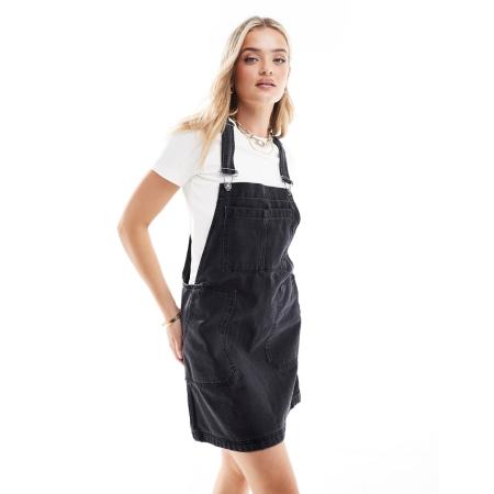 DTT Lucine Denim overgooierjurk met zakken en wassing in zwart