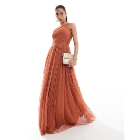 Lace & Beads Bruidsmeisjes Maxi-jurk van tule met enkel schouderbandje in terracotta roze