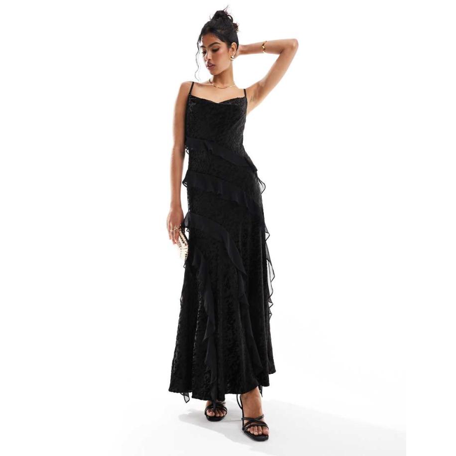 Forever New Fluwelen maxi jurk met ruches in zwart Zwart