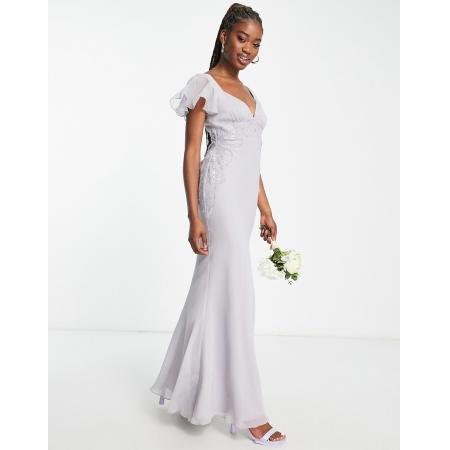 ASOS DESIGN Bruidsmeisjes Maxi jurk met fladdermouwen, kanten detail en schuingesneden rok in lila-Paars