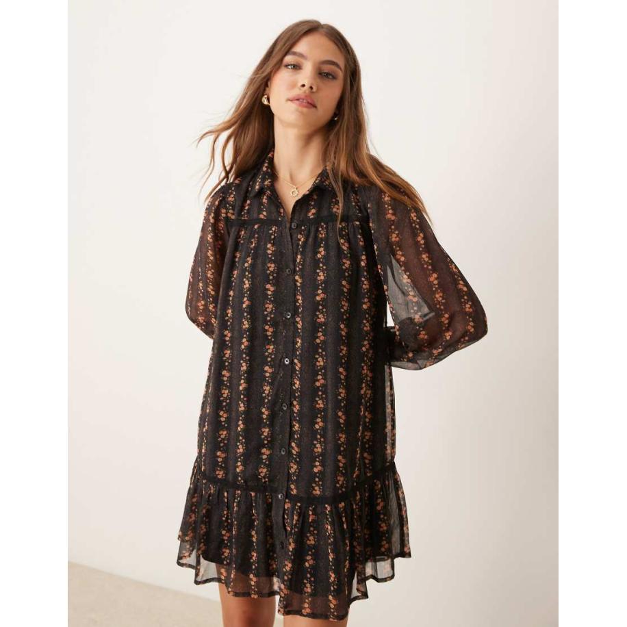 Miss Selfridge Overhemdjurk met biesdetail in fijne bloemenprint-Veelkleurig Multicolor