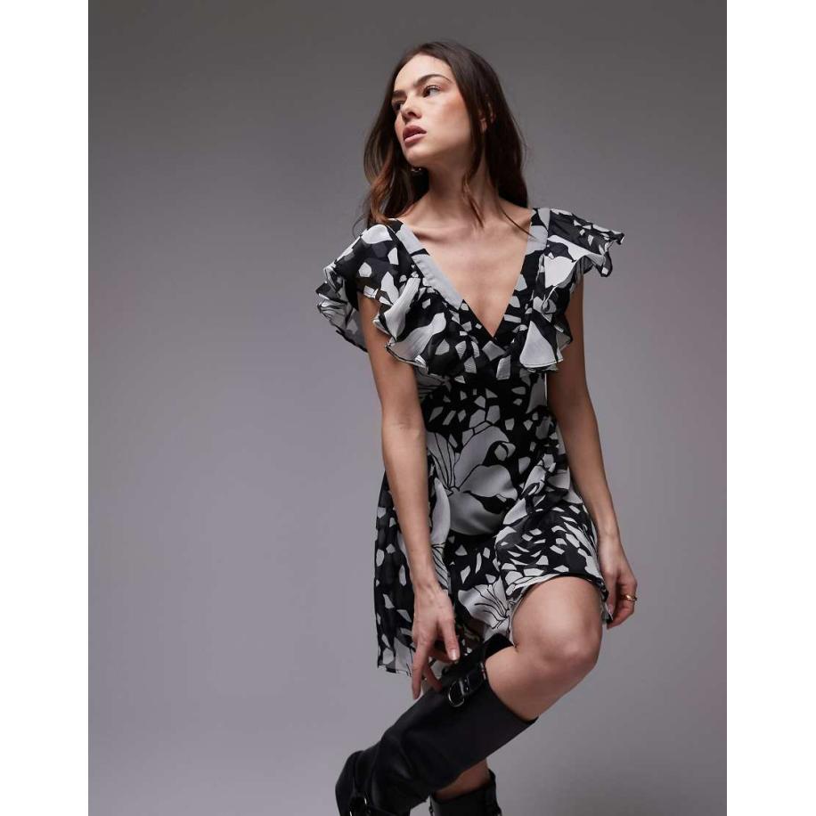 Topshop Nette jurk met zoom met ruches en zwart/witte bloemenprint-Veelkleurig Multicolor