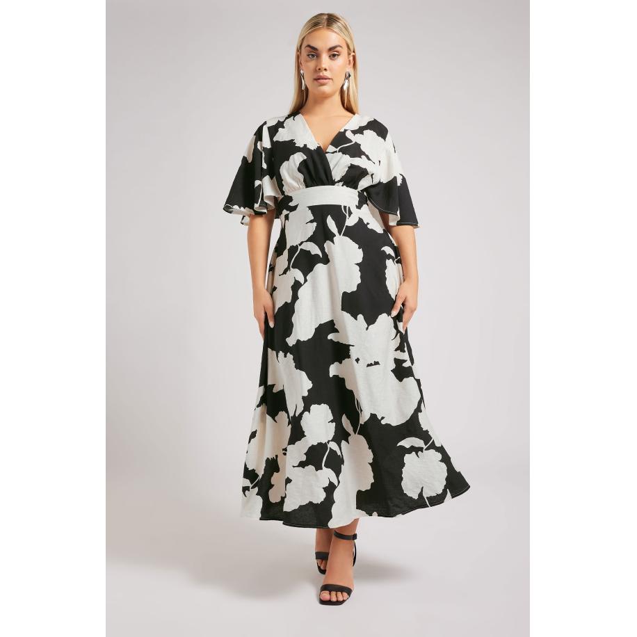 Yours London Midaxijurk Met Bloemenprint, Engelmouwen En Elastische Achterkant In Zwart/Wit Size 42 Zwart