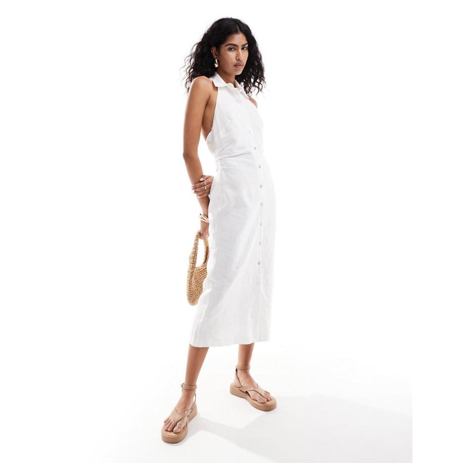 Mango Selection Linnen overhemdjurk met halternek in wit Wit