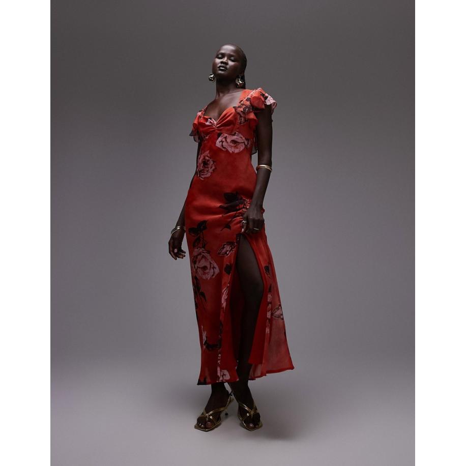 Topshop Gelegenheidskleding Maxi jurk met fladdermouwen en roze rozenprint Roze