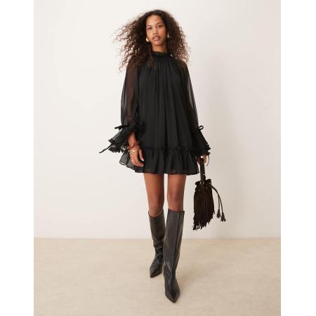 ASOS DESIGN Aangerimpelde mini jurk met gelaagde ruches & fluwelen strikken in zwart