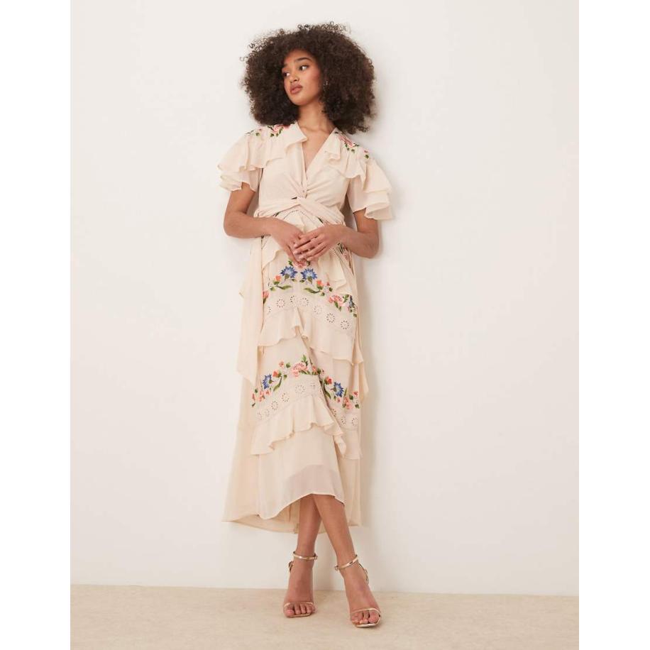 Hope & Ivy Geborduurde midi-jurk met V-hals en stroken in crème-Wit Wit