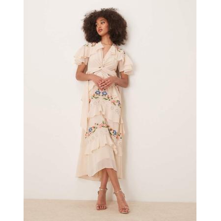 Hope & Ivy Geborduurde midi-jurk met V-hals en stroken in crème-Wit