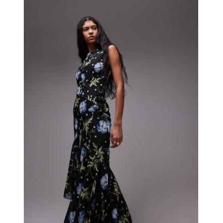 Topshop Boutique Gelegenheidskleding Midi-jurk met godetzoom in zwart met bloemenprint