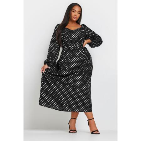 Yours Chiffon Maxijurk Met Stippenprint En Ballonmouwen In Zwart/Zilver Size 62-64