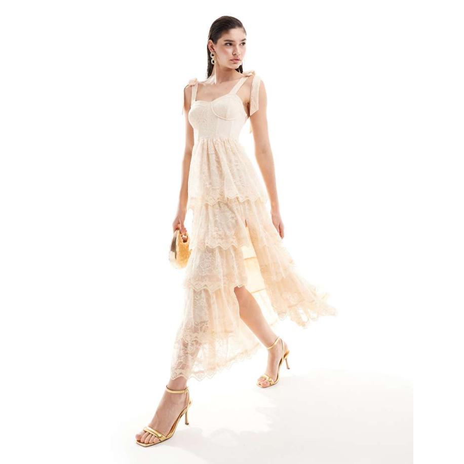 Miss Selfridge Gelegenheidskleding Kanten maxi jurk met korset en stroken in lichtroze Roze