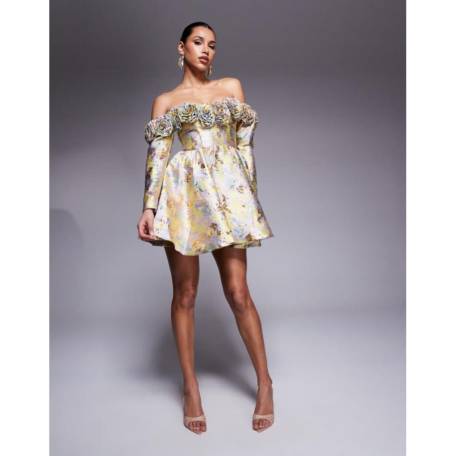 ASOS LUXE Mini-skaterjurk van jacquard met blote schouders en bloemen in goud en pastelkleuren Goud