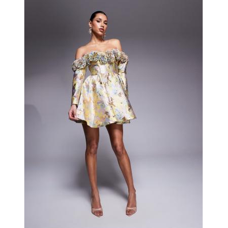 ASOS LUXE Mini-skaterjurk van jacquard met blote schouders en bloemen in goud en pastelkleuren