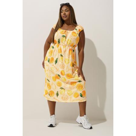 Limited Collection Midi Jurk Met Citroenprint, Kapmouwen En Strikdetail In Geel Size 58-60